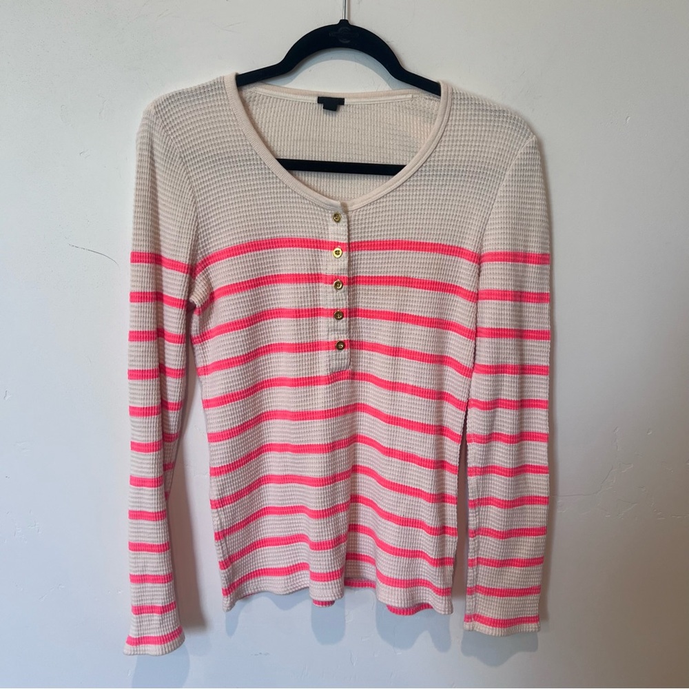 J. Crew Women’s White Pink Long Sleeve Buttoned Thermal Size Medium 100% Cotton